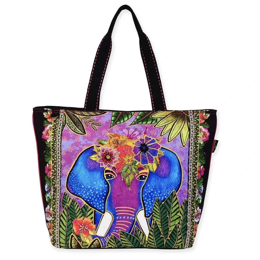 Laurel Burch Sun'N'Sand Alijah Elephant Large Tote 19x15x6 Multicolor Floral